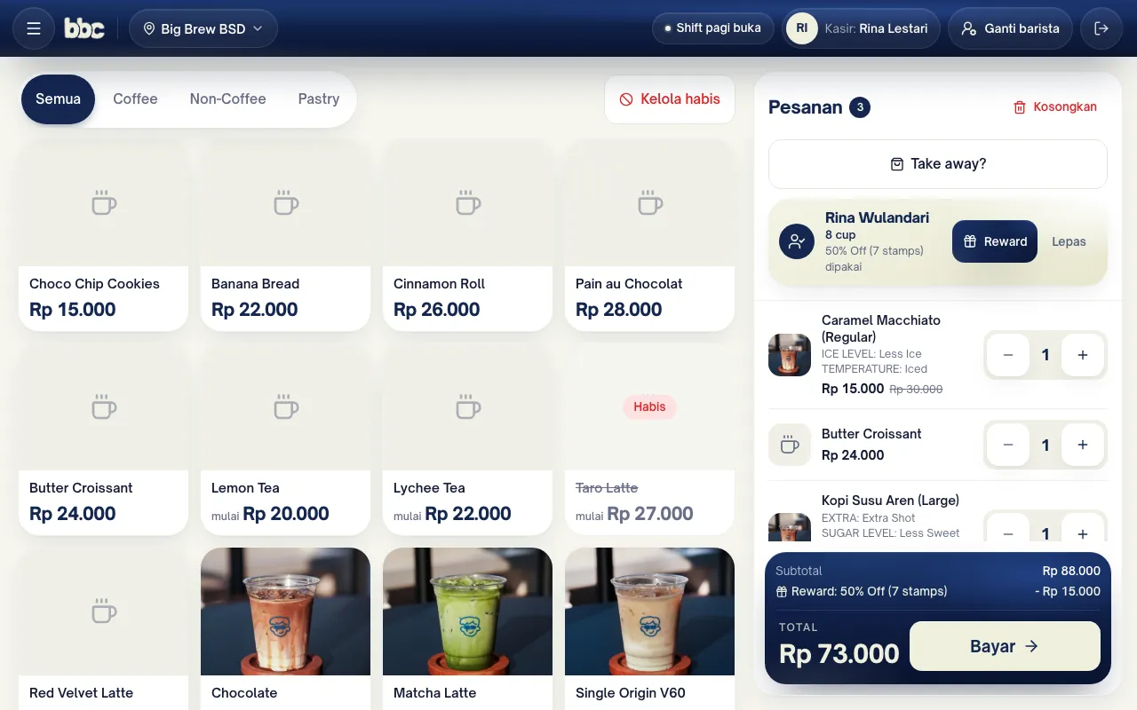 Kasir tablet BBC POS, data demo